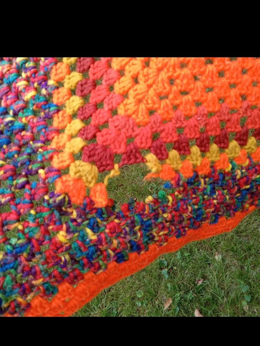 Vtg Handcrafted Bright Orange Crochet Throw Blanket with Multicolor Border